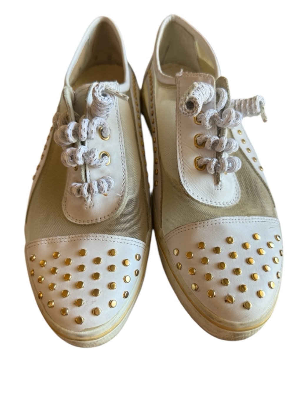 Stuart Weitzman Vintage White Studded Mesh Low-Top Sneakers